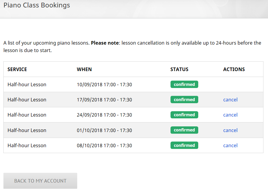 Piano Class Bookings