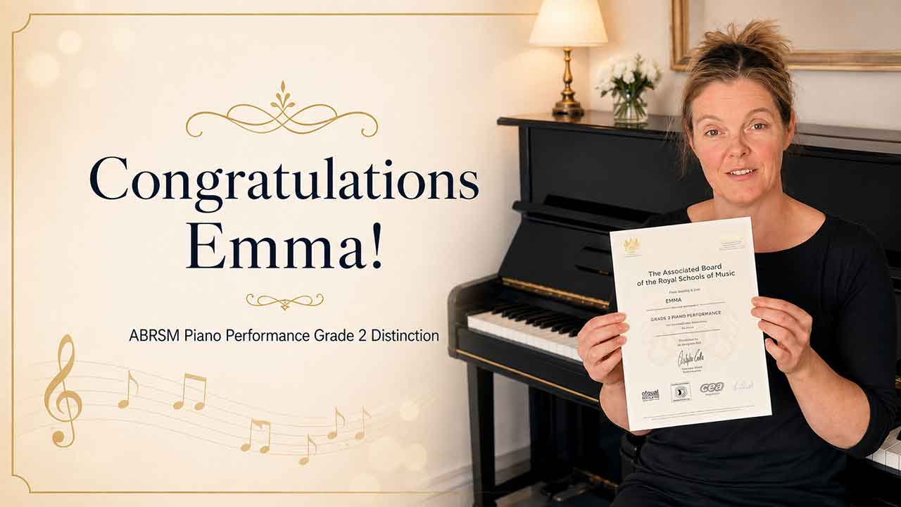 Emma with her ABESM Grade 2 Distinction certificate