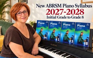 Anna Peszko at the piano with ABRSM Piano Exam Pieces books for the new 2027-2028 syllabus.