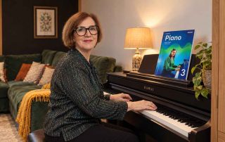 Anna Peszko at a Kawai digital piano with the ABRSM Grade 3 Piano Exam Pieces 2027–2028 book.