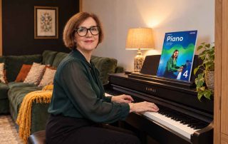 Anna Peszko at a Kawai digital piano with the ABRSM Grade 4 Piano Exam Pieces 2027–2028 book.